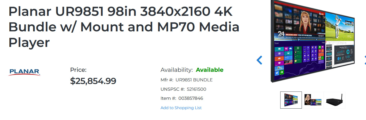 PLANAR ULTRARES 98" ULTRA HD 4K (3840 X 2160) UR9851 LCD COMMERCIAL DISPLAY RRP £15,000