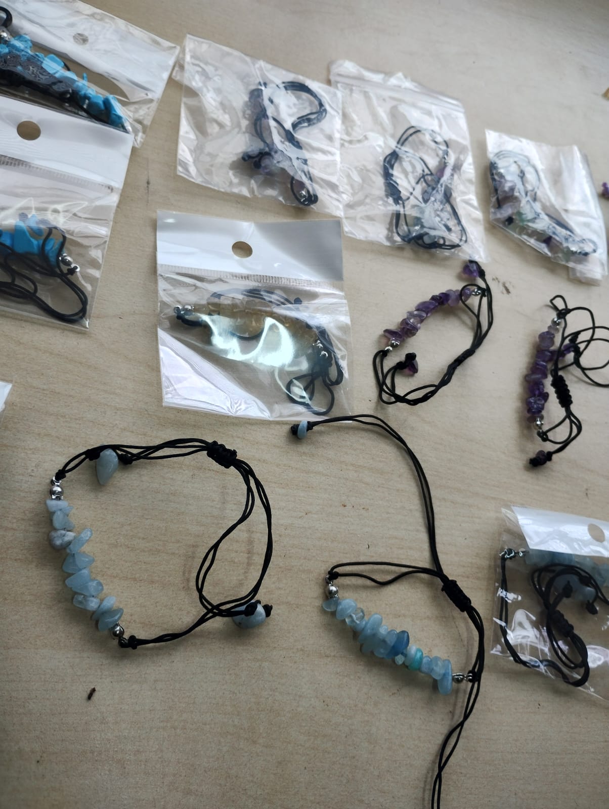 MIXED CRYSTAL CHIP BLACK COTTON ADJUSTABLE BRACELET JOB LOT OF 14 - BRAND NEW