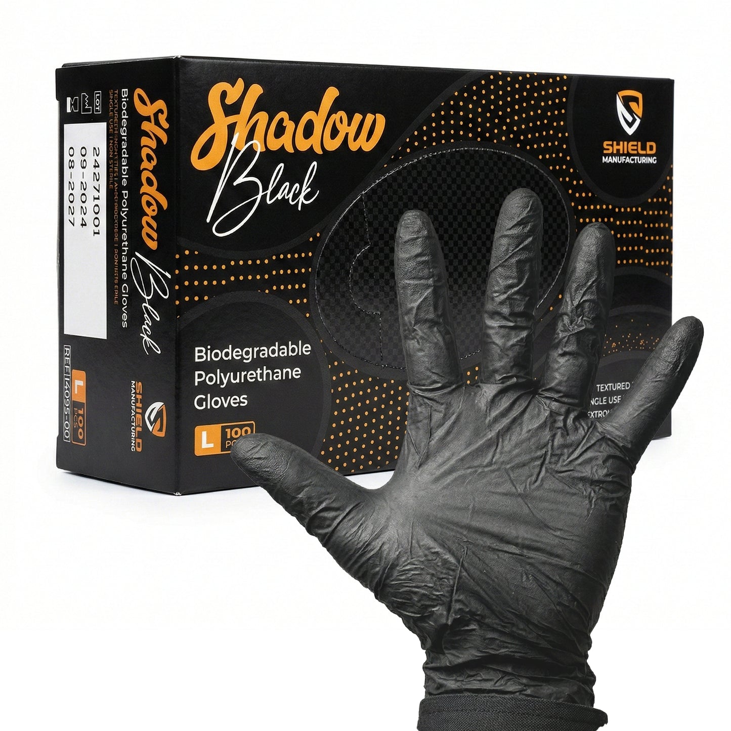 SHIELD BIODEGRADABLE POLYURETHANE BLACK MEDIUM 10 X 100 GLOVES X 96 CASES