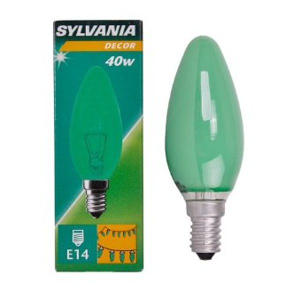 500 X SYLVANIA-CANDLE BULB 40W E14 GREEN