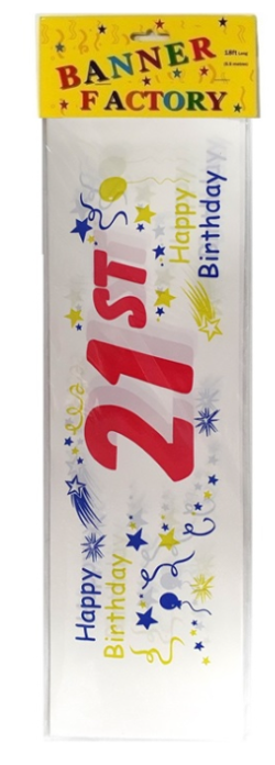100 X HAPPY 21ST BIRTHDAY BANNER WHITE W/CARD