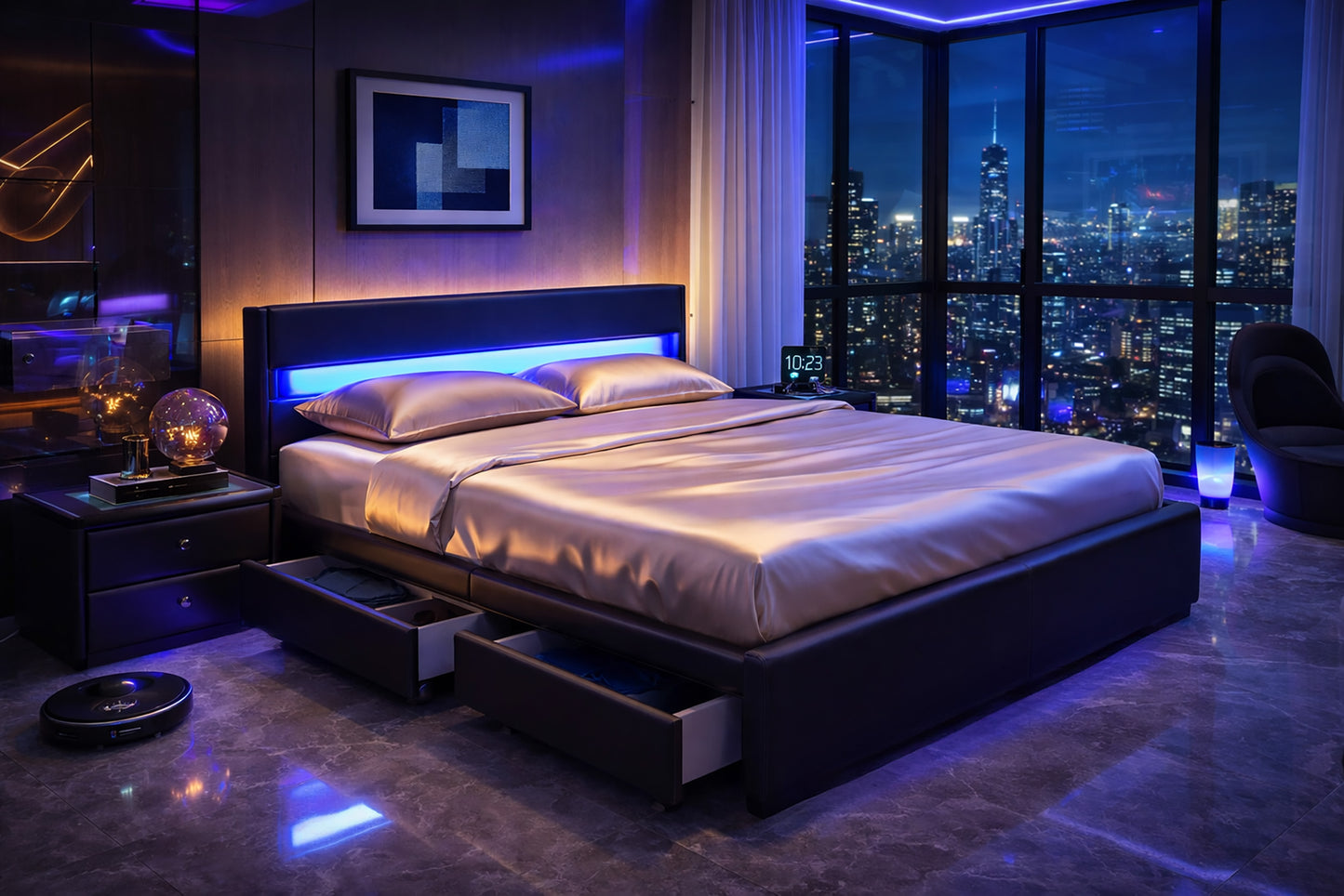 LUXURY 4FT6 DOUBLE MUSIC BLUETOOTH LED COLOUR CHANGING BLACK FAUX LEATHER BED
