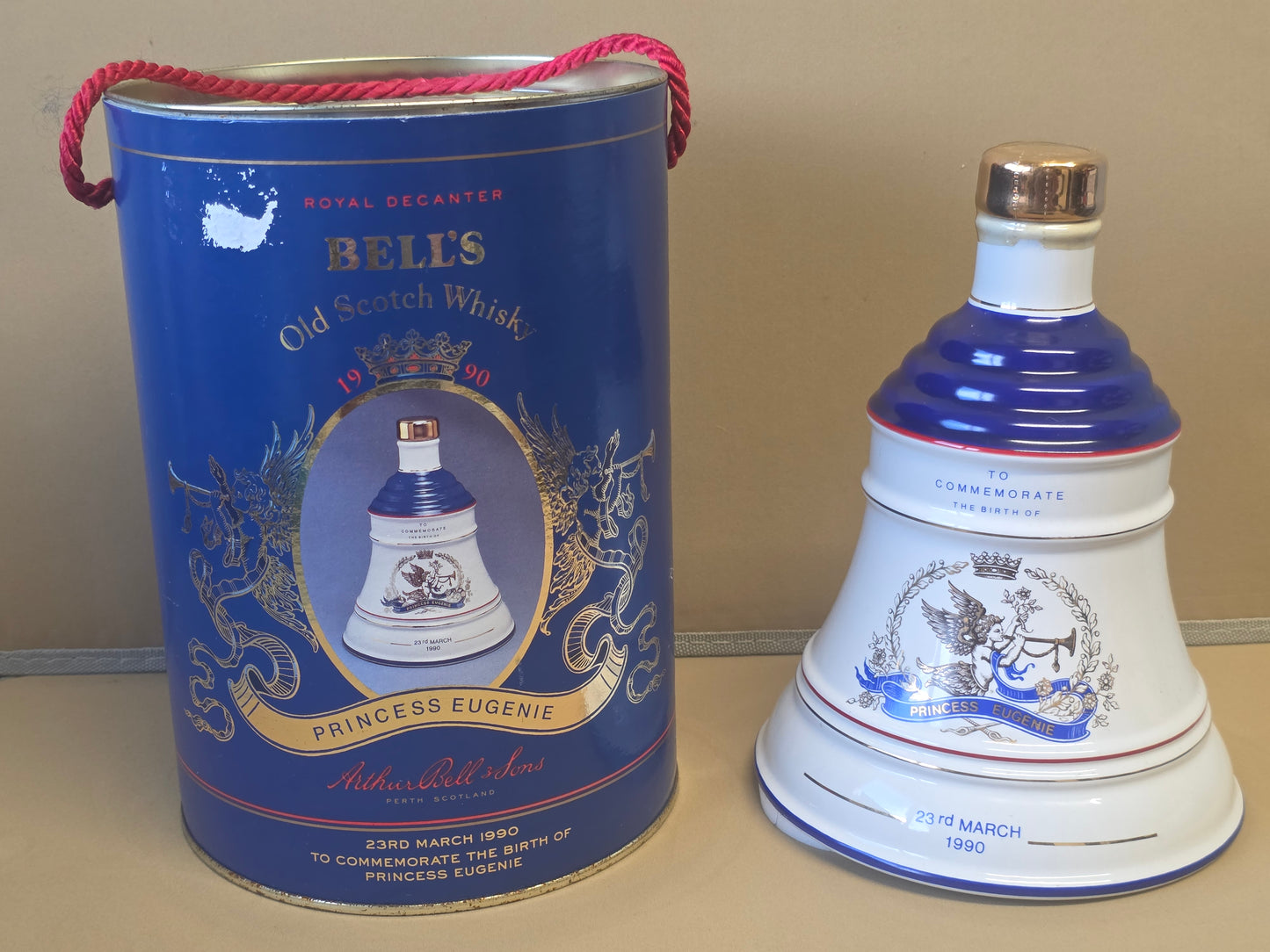 SEALED BELL’S OLD SCOTCH WHISKY ROYAL DECANTER PRINCESS EUGENIE 1990 WITH TUBE