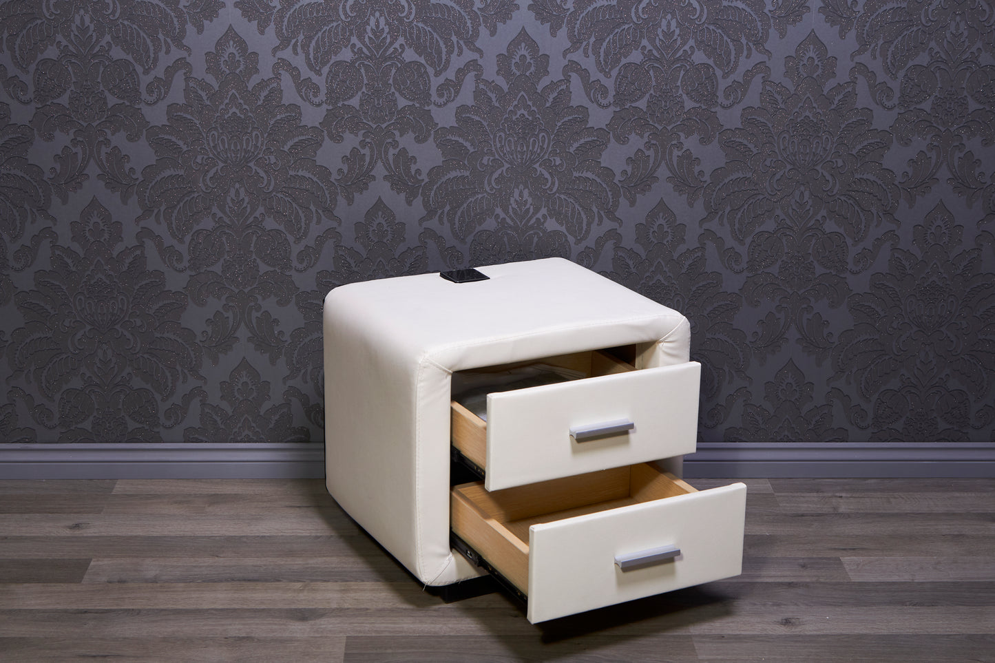 JOB LOT - 10 WHITE LEATHER BEDSIDE WITH BUILT IN RECHARGEABLE POP UP BLUETOOTH SPEAKER
