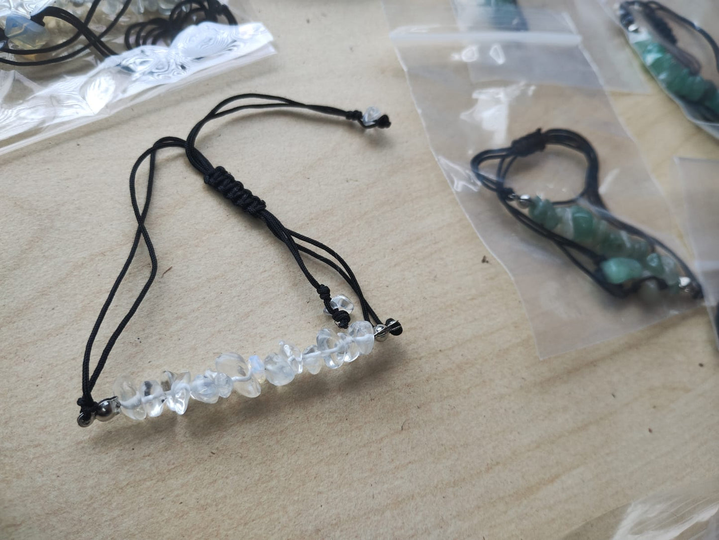PALITE AND GREEN ADVENTUINE CRYSTAL CHIP ADJUSTABLE COTTON BRACELET JOB LOT OF 9 - BRAND NEW
