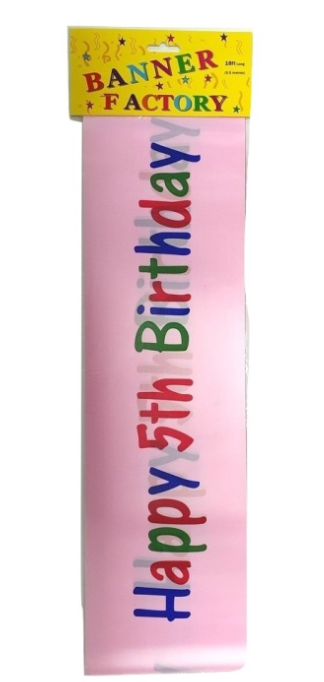 100 X HAPPY 5TH BIRTHDAY BANNER PINK - W/CARD