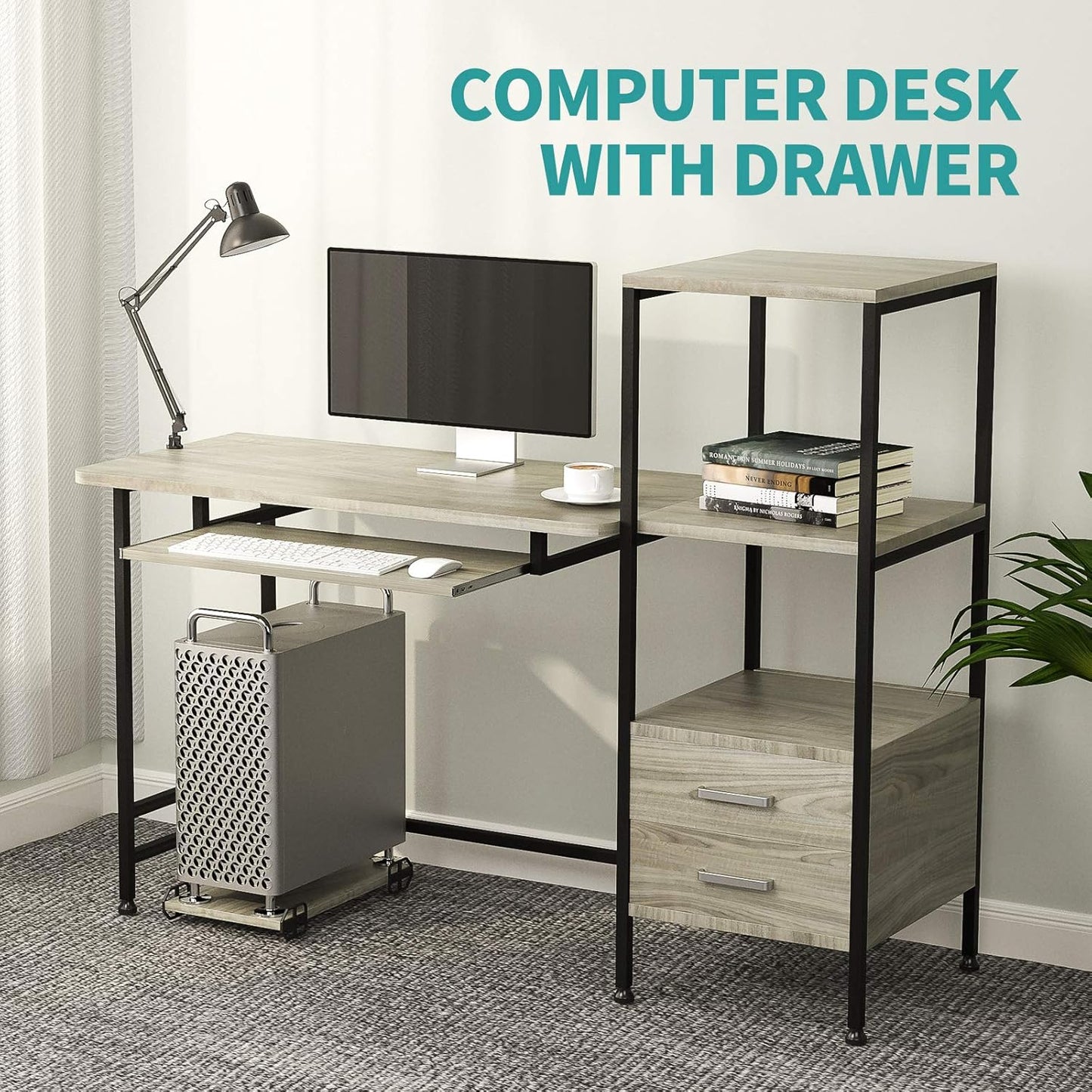 MECOR COMPUTER DESK 2 DRAWER/KEYBOARD TRAY, 55" WORKSTATION FOR HOME OFFICE (OAK GREY)