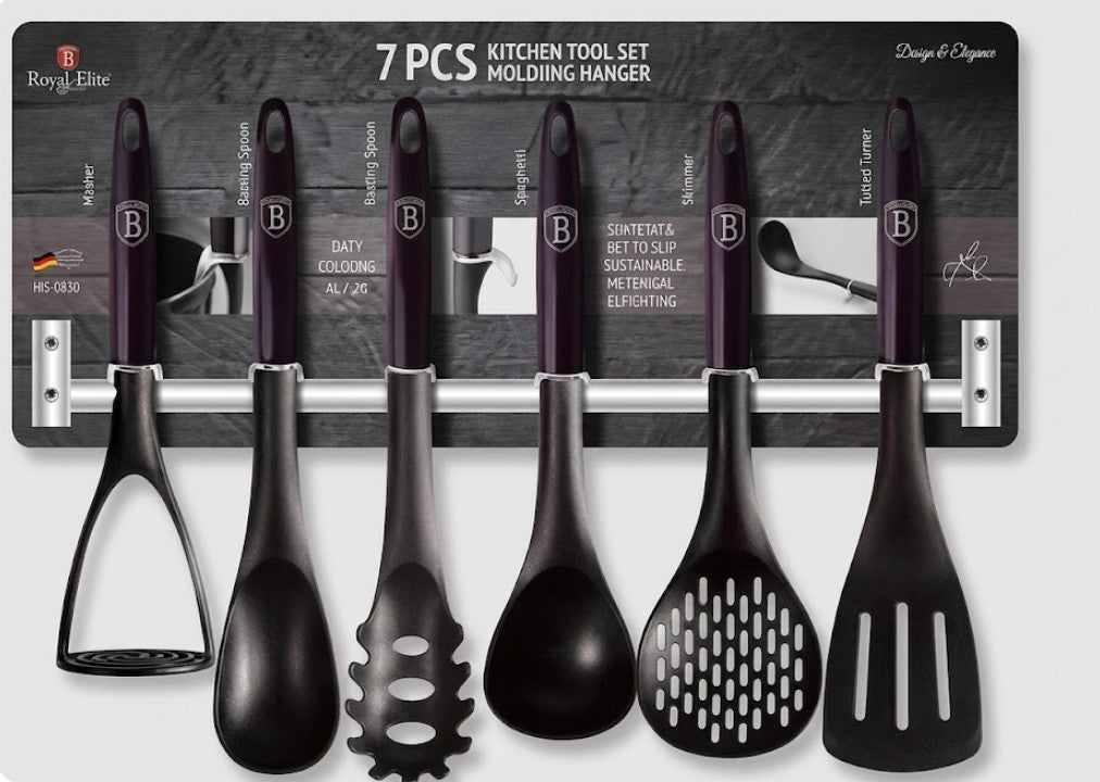 16 X NEW 7 PC KITCHEN TOOLSET WITH S-STEEL HANGER, PURPLE