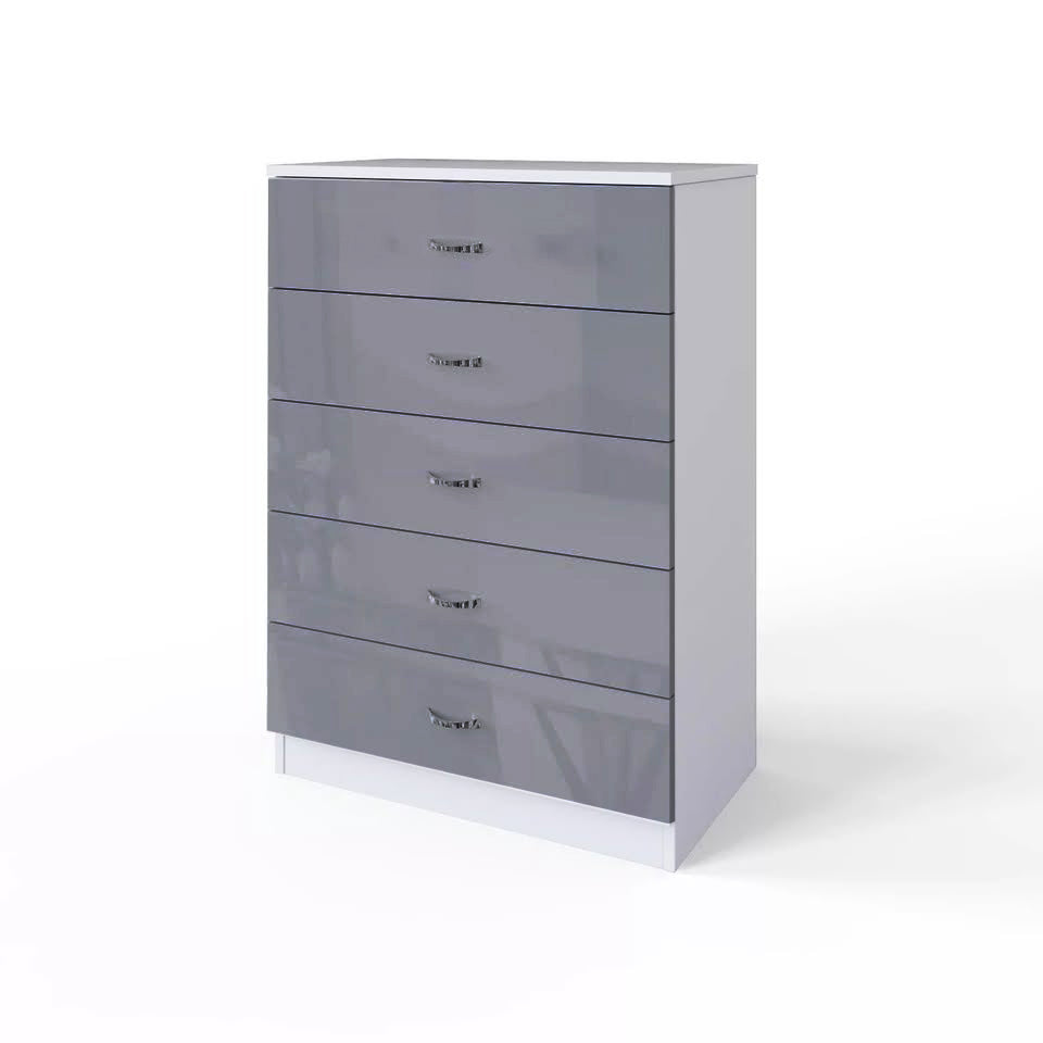 GREY GLOSS ON WHITE 5 DRAWER CHESTS - JOB LOT OF 10