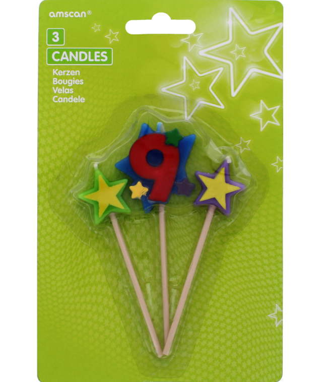288 X AMSCAN STARS CANDLES ON A STICK AGE 9- 3PK