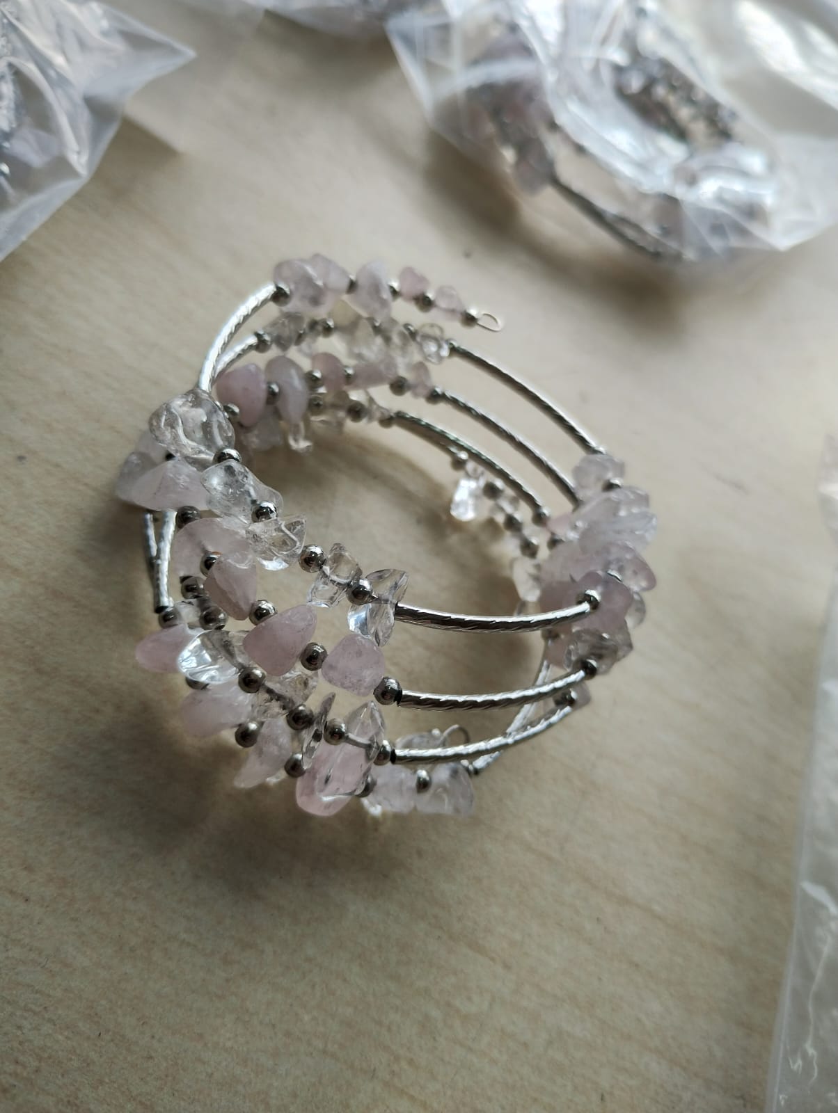 ROSE QUARTZ CRYSTAL CHIP 4 STRAND WRAP AROUND BANGLE JOBLOT OF 10 - BRAND NEW