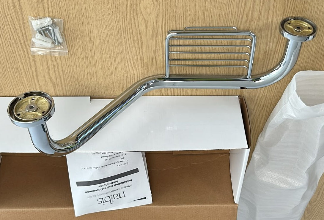 60X NABIS SANITAIRE FIORE ANGLED GRAB BAR & SOAP BASKET CHROME R/H