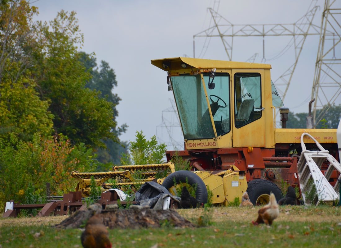 Yellow combine harvester parked in a grassy field.