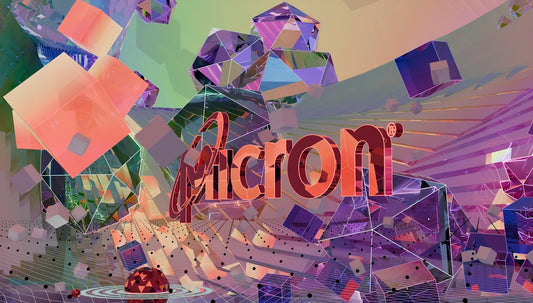 Vibrant micron logo amidst abstract, colorful geometric forms.