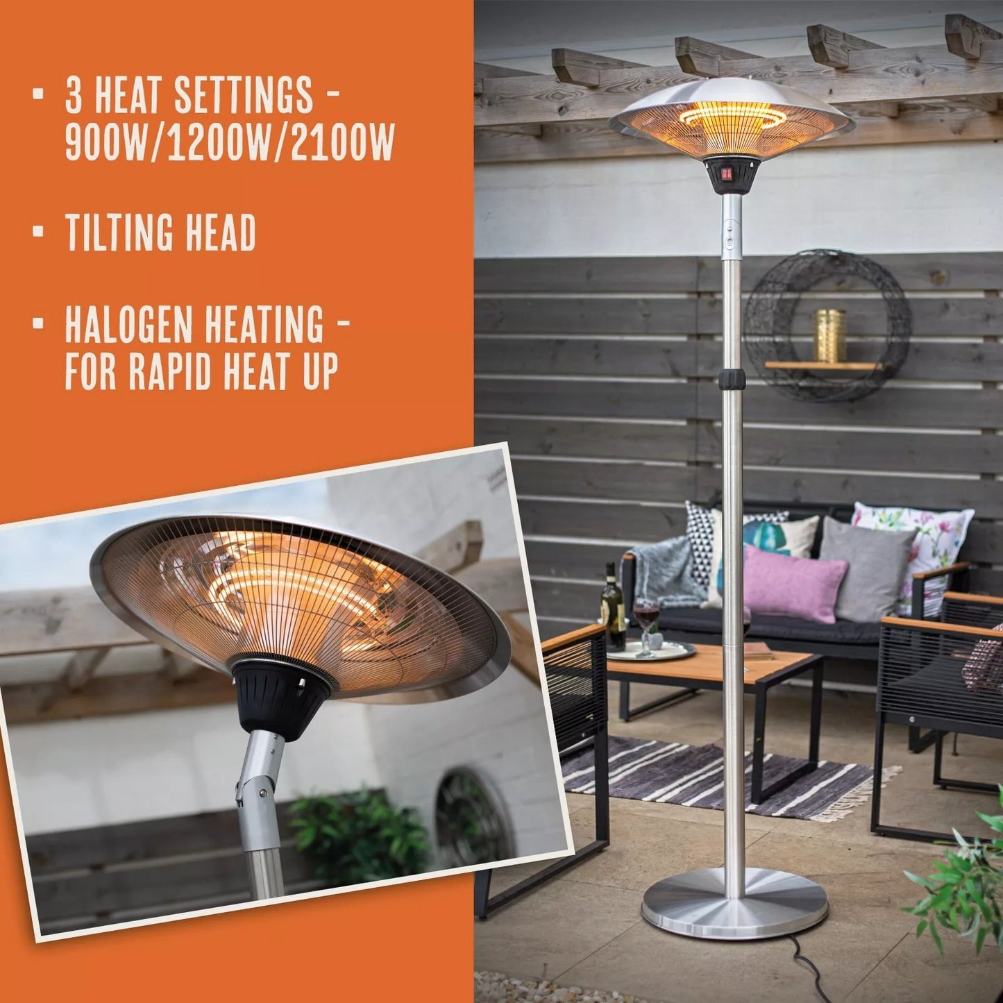 LA HACIENDA OUTDOOR ADJUSTABLE SILVER STANDING PATIO 2100W ELECTRIC HEATER