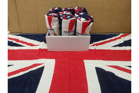 BRAND NEW PREMIUM UNION JACK GREAT BRITAIN TOWELS 71 X 152CM X 5 BOX NEW SEAL