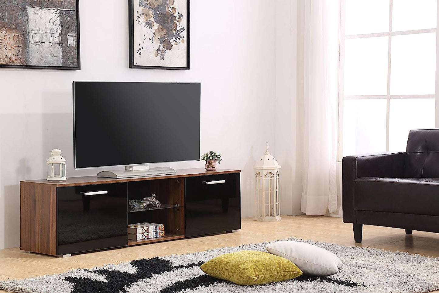 10 X BRAND NEW MODERN 160CM TV STAND CABINET UNIT WITH HIGH GLOSS DOORS (BLACK ON WALNUT)