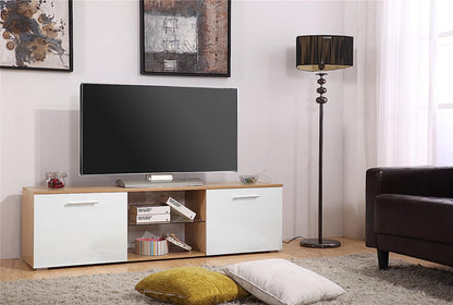 10 X BRAND NEW HARMIN MODERN 160CM TV STAND CABINET UNIT WITH HIGH GLOSS DOORS (WHITE ON OAK)