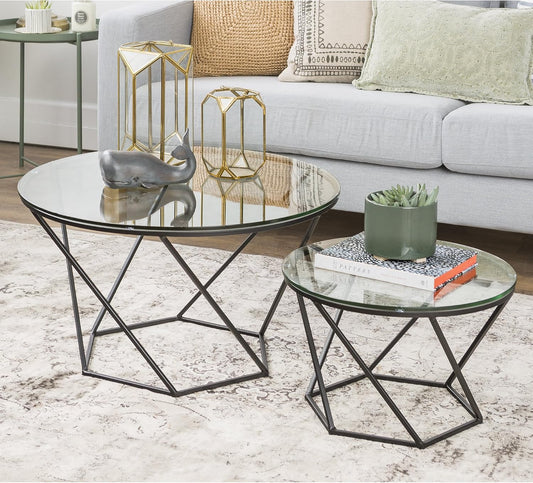 1 X EDEN BRIDGE DESIGNS SET OF 2 NESTING TABLES GEOMETRIC DESIGN, GLASS, BLACK RRP £299.99