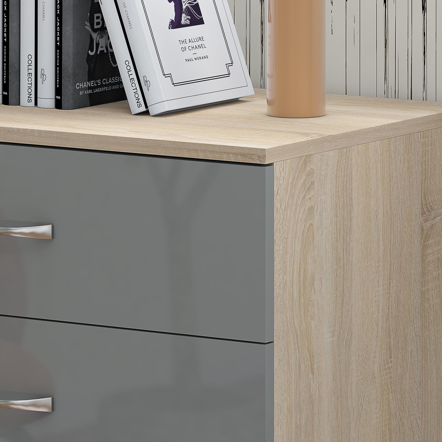 10 X BRAND NEW FLATPACKED 4 DRAWER CHEST - HIGH GLOSS GREY ON SONOMA OAK FRAME