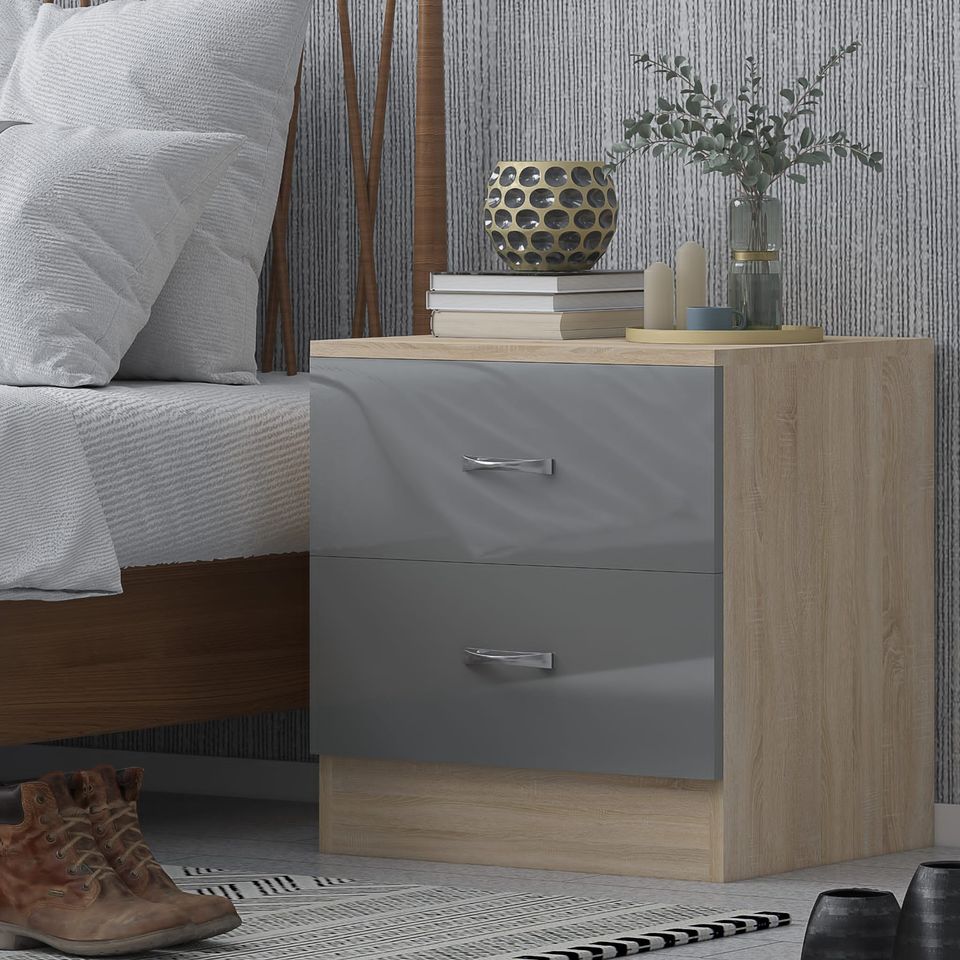 10 X CHEST AND 10 X BEDSIDE - BRAND NEW FLATPACKED GREY GLOSS ON SONOMA OAK