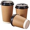 1000 16OZ KRAFT DISPOSABLE BROWN PAPER CUPS WITH BLACK LIDS HOT COLD DRINKS (16OZ/473ML)