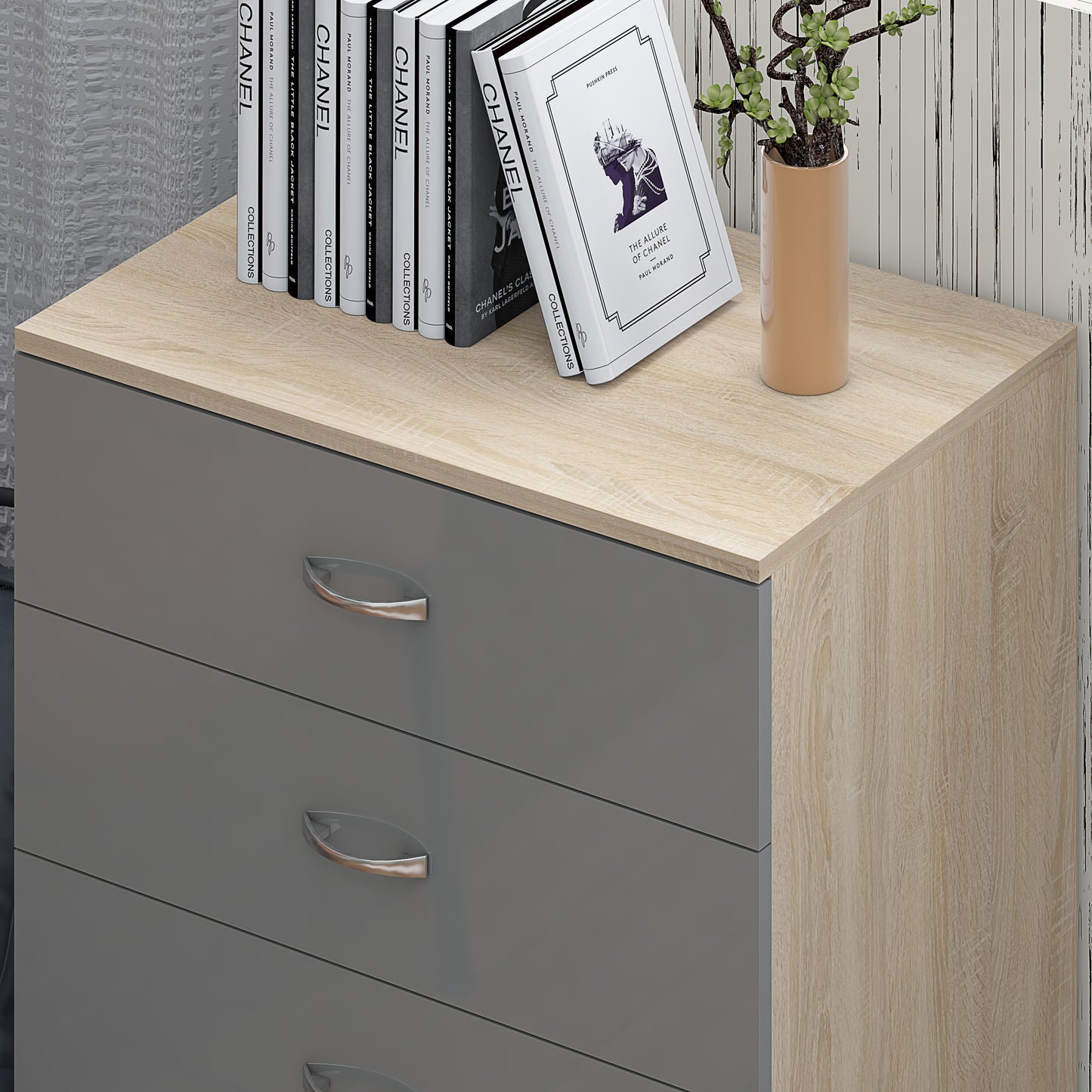 STUNNING CHEST OF DRAWERS X 2 - HIGH GLOSS GREY ON SONOMA OAK FRAME