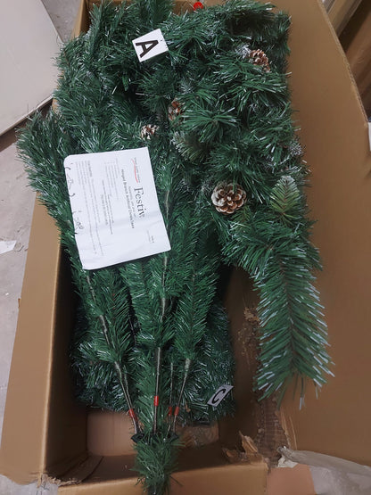 7FT CHRISTMAS TREEN GREEN WITH WHITE TIP AND PINE CONE NEW BOX