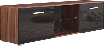 10 X BRAND NEW MODERN 160CM TV STAND CABINET UNIT WITH HIGH GLOSS DOORS (BLACK ON WALNUT)