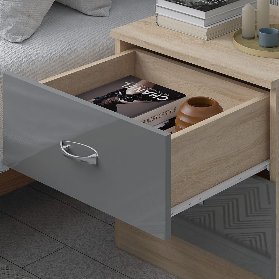 10 X CHEST AND 10 X BEDSIDE - BRAND NEW FLATPACKED GREY GLOSS ON SONOMA OAK