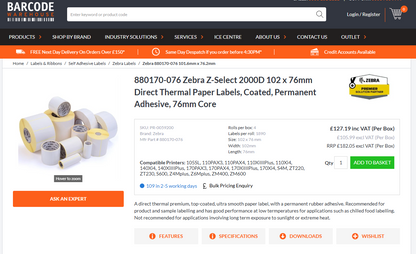 200PCS 880170-076 ZEBRA Z-SELECT 2000D -40º DIRECT THERMAL PAPER LABELS RRP £6350