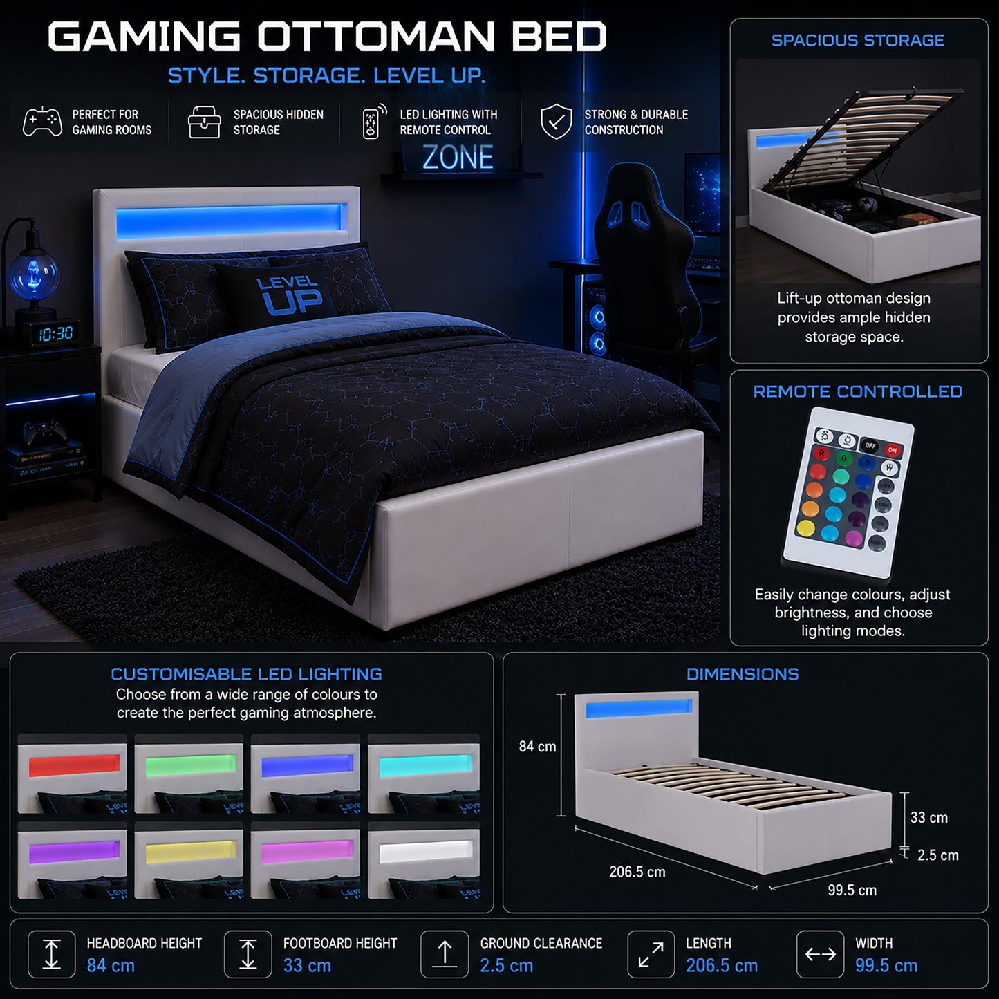 LED GAMING OTTOMAN BED SINGLE WHITE STORAGE BED FRAME WITH RGB LIGHT HEADBOARD
