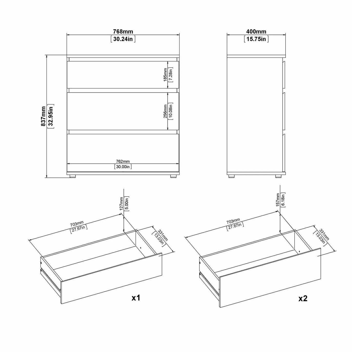 30 X NOVA MATT WHITE 3 DRAWER CHEST OF DRAWERS (H)835MM (W)768MM (D)400MM