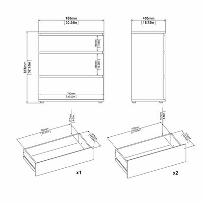 30 X NOVA MATT WHITE 3 DRAWER CHEST OF DRAWERS (H)835MM (W)768MM (D)400MM