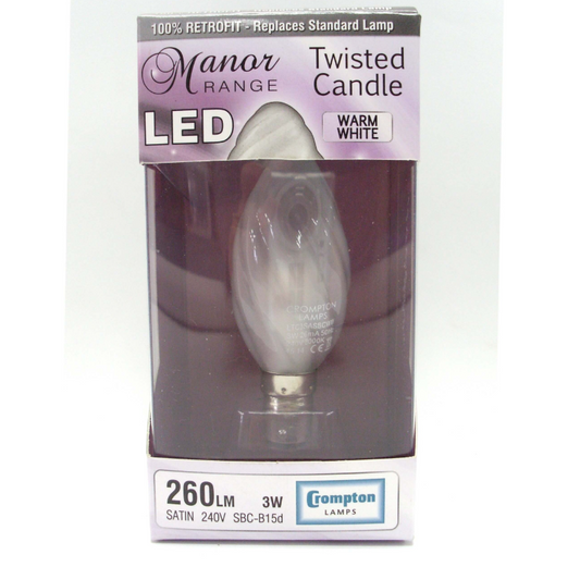 200 X LED TWISTED CANDLE BULB 3W SBC-B15D W.WHITE SATIN