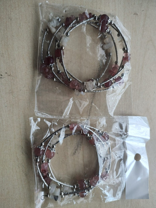 MOONSTONE + STRAWBERRY QUARTZ GEMSTONE CRYSTAL WRAP AROUND BANGLES SS -- JOBLOT OF 2