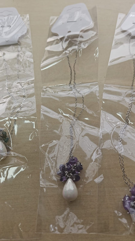 MIXED CRYSTAL CLUSTER CHIP WITH LARGE PEARL SS NECKLACE JOBLOT X 7 - BRAND NEW