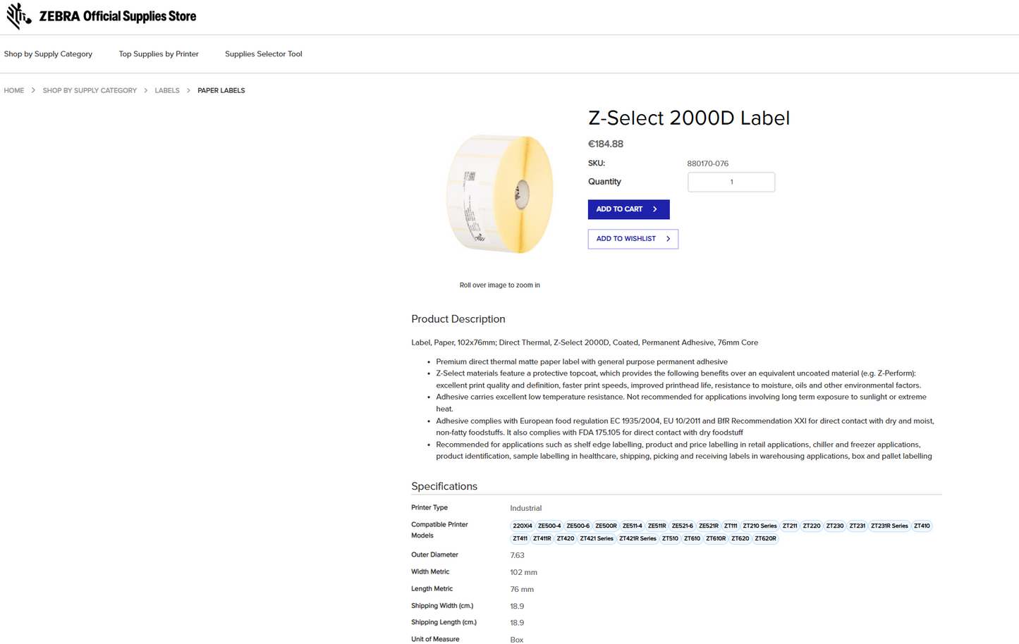 200PCS 880170-076 ZEBRA Z-SELECT 2000D -40º DIRECT THERMAL PAPER LABELS RRP £6350