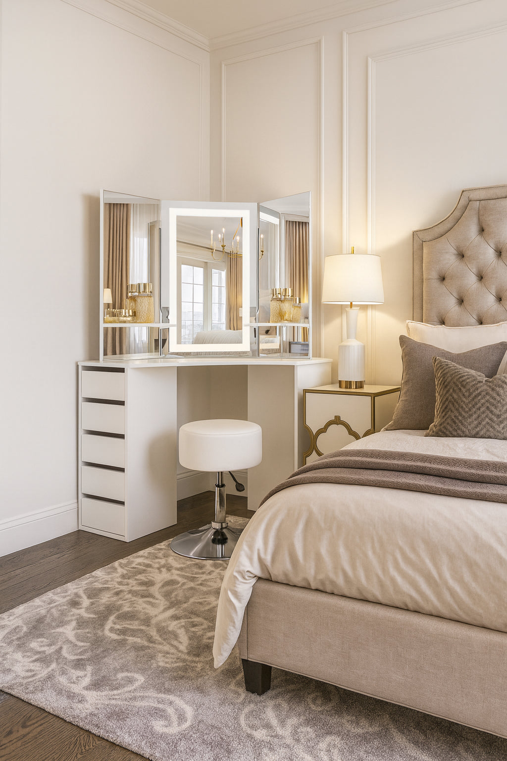 BRAND NEW WHITE MAKE UP CORNER DRESSING TABLE 5 DRAWER WITH TOUCH LED MIRROR & STOOL RRP £350
