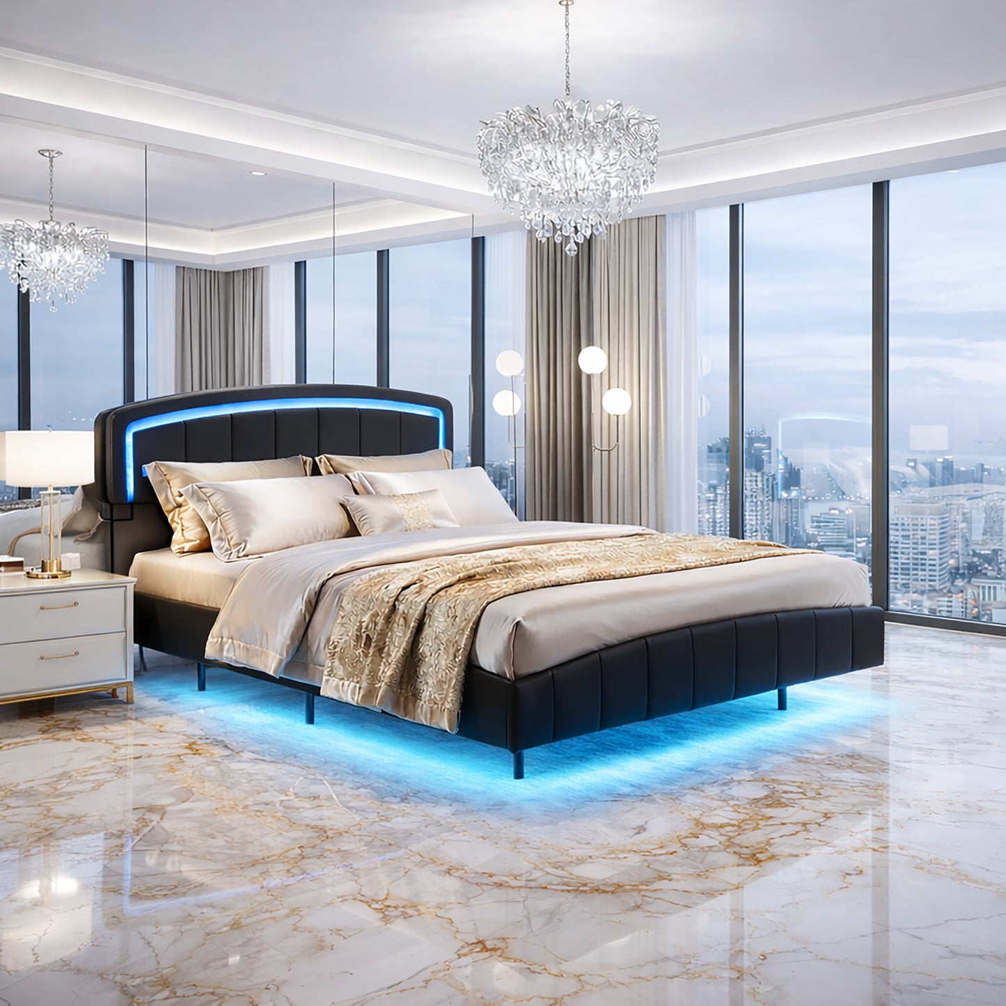 BLACK FAUX LEATHER FLOATING BED DESIGN FRAME WITH COLOUR-CHANGING LED LIGHTS