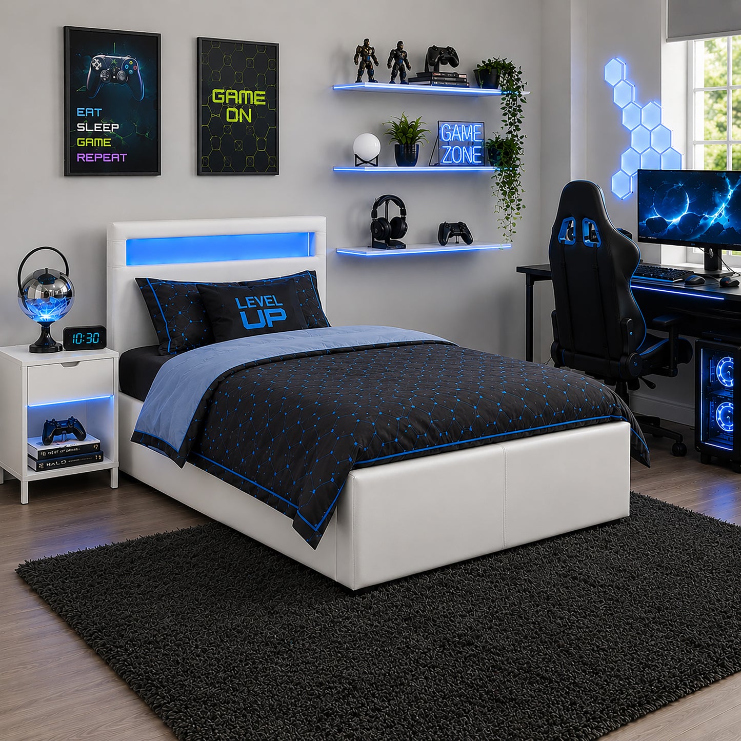 LED GAMING OTTOMAN BED SINGLE WHITE STORAGE BED FRAME WITH RGB LIGHT HEADBOARD