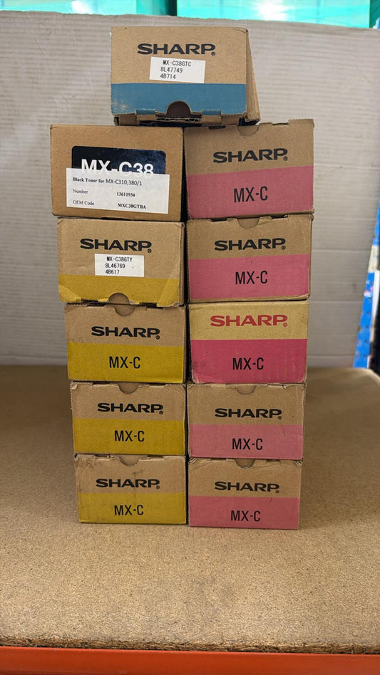 LARGE LOT OF BRAND NEW ASSORTED GENUINE SHARP MX-C38 TONER CARTRIDGES (BLACK, CYAN, MAGENTA, YELLOW)