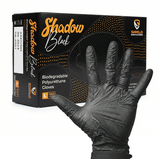 SHIELD BIODEGRADABLE POLYURETHANE BLACK EXTRA LARGE10 X 100 GLOVES X 96 CASES