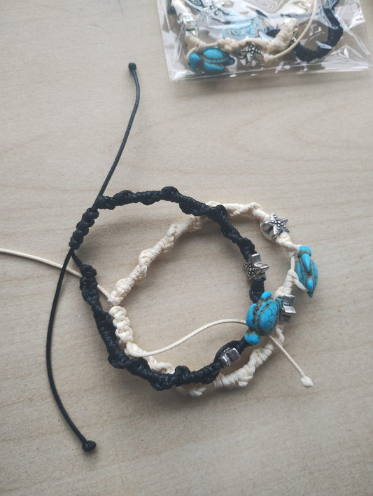 TURTLE AND STAR ADJUSTABLE ROPE BRACELET SETS OF 2 BLACK AND WHITE JOBLOT OF 10 SETS - BRAND NEW