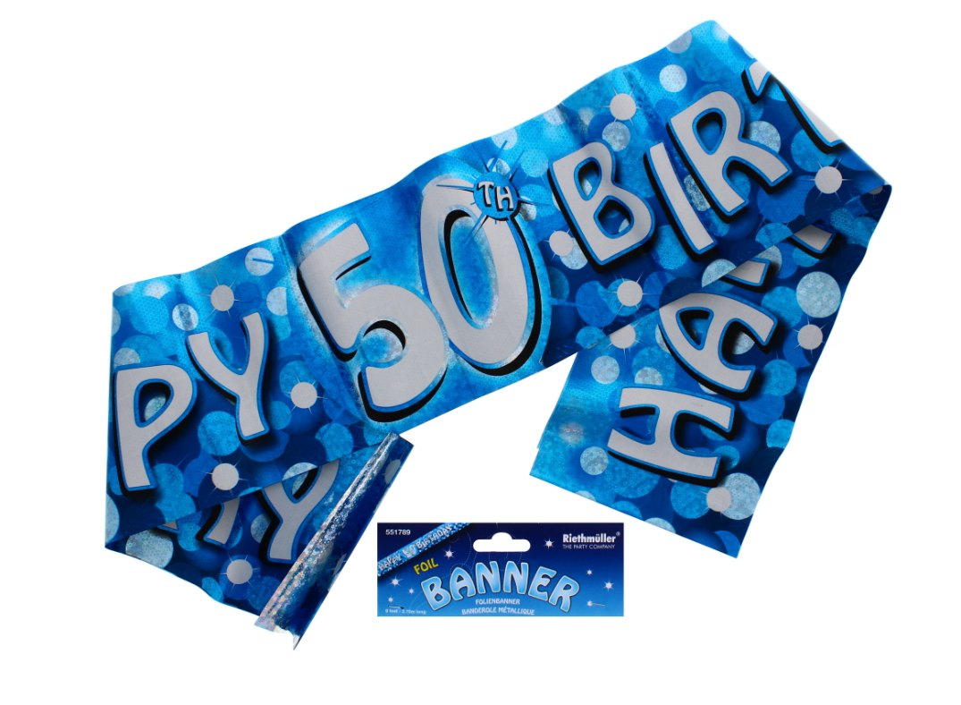 144 X 50TH B-DAY HOLOGRAPHIC BANNER BLUE