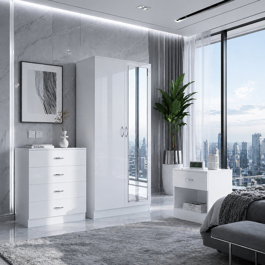 WHITE MIRRORED HIGH GLOSS BEDROOM FURNITURE SET - 2 DOOR WARDROBE, CHEST & BEDSIDE BRAND NEW