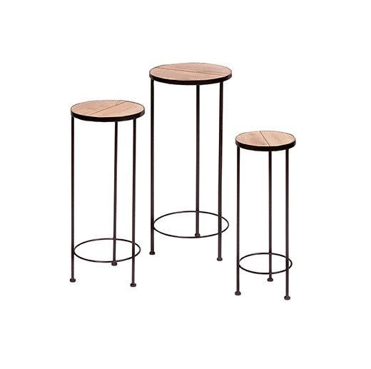 SET OF 3 WOOD EFFECT BATEAUX PLANT STANDS L66CM. M59CM. S52CM.