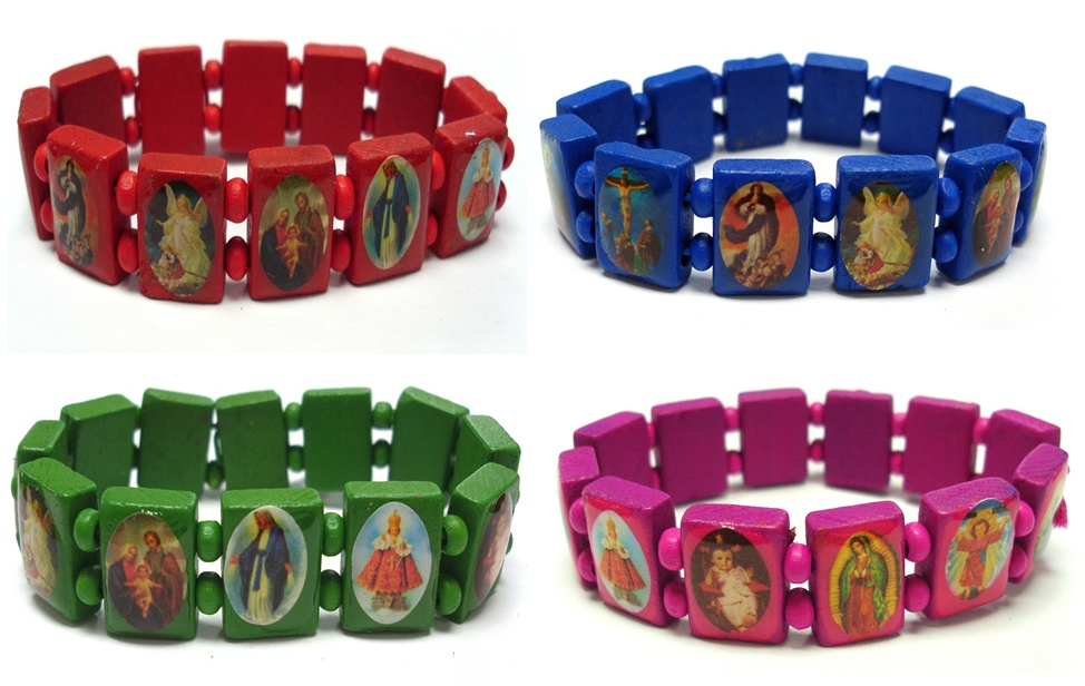 40 X WOODEN SAINTS BRACELET 12PK ASST