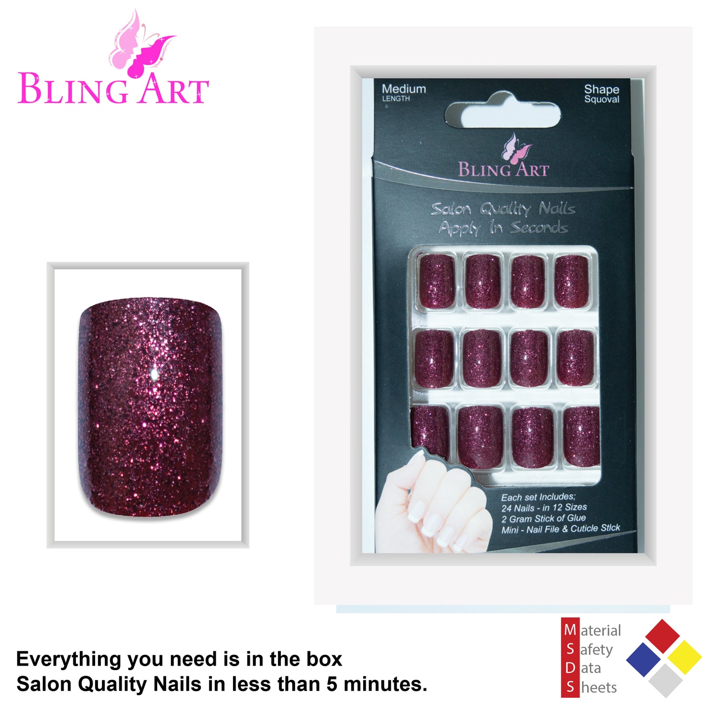 BLING ART FALSE NAILS - SQUOVAL MEDIUM - SANGRIA GEL - NO GLUE INCLUDED - 500 SETS - 2 BOXES