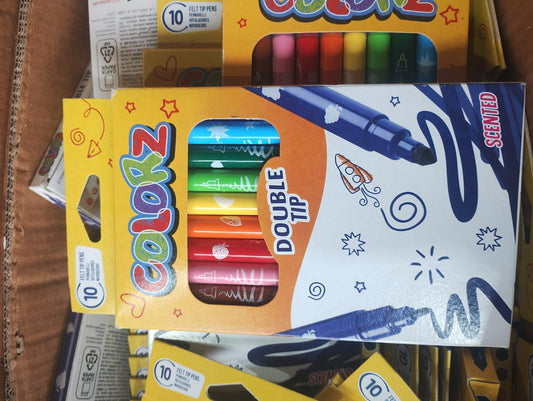 COLORZ - 10PSC SENTED DOUBLE ENDED TIP PENS SET - BRAND NEW - JOBLOT OF 100